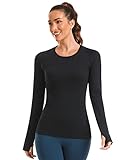 Stelle Women Workout Shirts Seamless Long Sleeve Yoga Tops with Thumb Holes for Sports Running Breathable Athletic Slim Fit Black