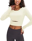 KTILG Long Sleeve Crop Top Workout Athletic Gym Compression Yoga Seamless Padded Shirt with Thumb Holes