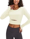 KTILG Long Sleeve Crop Top Workout Athletic Gym Compression Yoga Seamless Padded Shirt with Thumb Holes