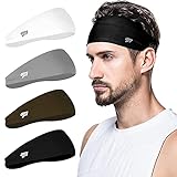 poshei Mens Headband (4 Pack), Mens Sweatband & Sports Headband for Running, Cycling, Yoga, Basketball - Stretchy Moisture Wicking Hairband (Black/Dark Green/Grey/White)