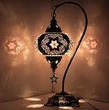 DEMMEX Turkish Moroccan Mosaic Table Lamp with US Plug & Socket, Swan Neck Handmade Desk Bedside Table Night Lamp, Decorative Tiffany Lamp Light, Black Grey White