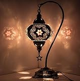 DEMMEX (33 Colors) Turkish Moroccan Mosaic Table Lamp with US Plug & Socket, Swan Neck Handmade Desk Bedside Table Night Lamp, Decorative Tiffany Lamp Light, Black Grey White