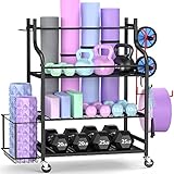 Mythinglogic Yoga Mat Storage Racks,Home Gym Storage Rack for Dumbbells Kettlebells Foam Roller, Yoga Strap and Resistance Bands, Workout Equipment Storage Organizer With Hooks and Wheels