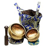Cadushki Tibetan Singing Bowls Set. 2 bowls: 4.5 inches & 3.3 inches, a Mallet, Ring Cushions and a Nepal Cloth Bag. Suitable for Meditation, Yoga, Relaxation, and Healing. Deep sound.