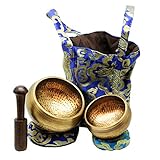 Cadushki Tibetan Singing Bowls Set. 2 bowls: 4.5 inches & 3.3 inches, a Mallet, Ring Cushions and a Nepal Cloth Bag. Suitable for Meditation, Yoga, Relaxation, and Healing. Deep sound.