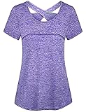 Kimmery Criss Cross Shirts for Women, Fast Dry Sweat Absorbing Yoga Tops Short Sleeve Cool Open Back Tops Summer Athleisure Climbing Biking Shirt Lilac XL