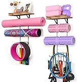 2 PACK Yoga Mat Holder Wall Mount, Large Yoga Mat Storage Shelf Rack, Home Gym Accessories with Wood Floating Shelves and 4 Hooks for Hanging Foam Roller and Resistance Bands at Fitness Class or Home Gym Carbonized Black